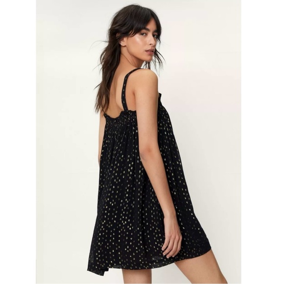 NWT | Nasty Gal | Black & Gold Spot Strappy Smock Mini Dress | Size XS - Picture 3 of 10